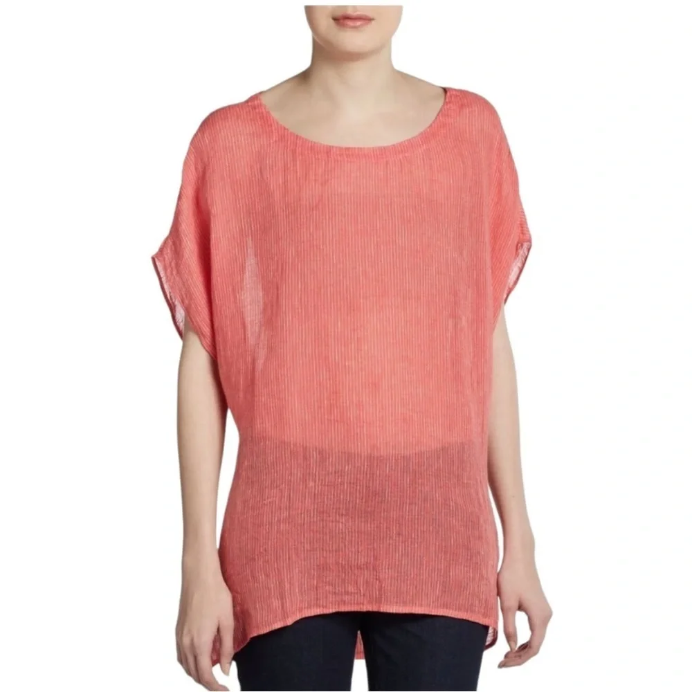 EILEEN FISHER Linen Gause Pinstriped HI Low Boxy Tunic Top Lightweight
